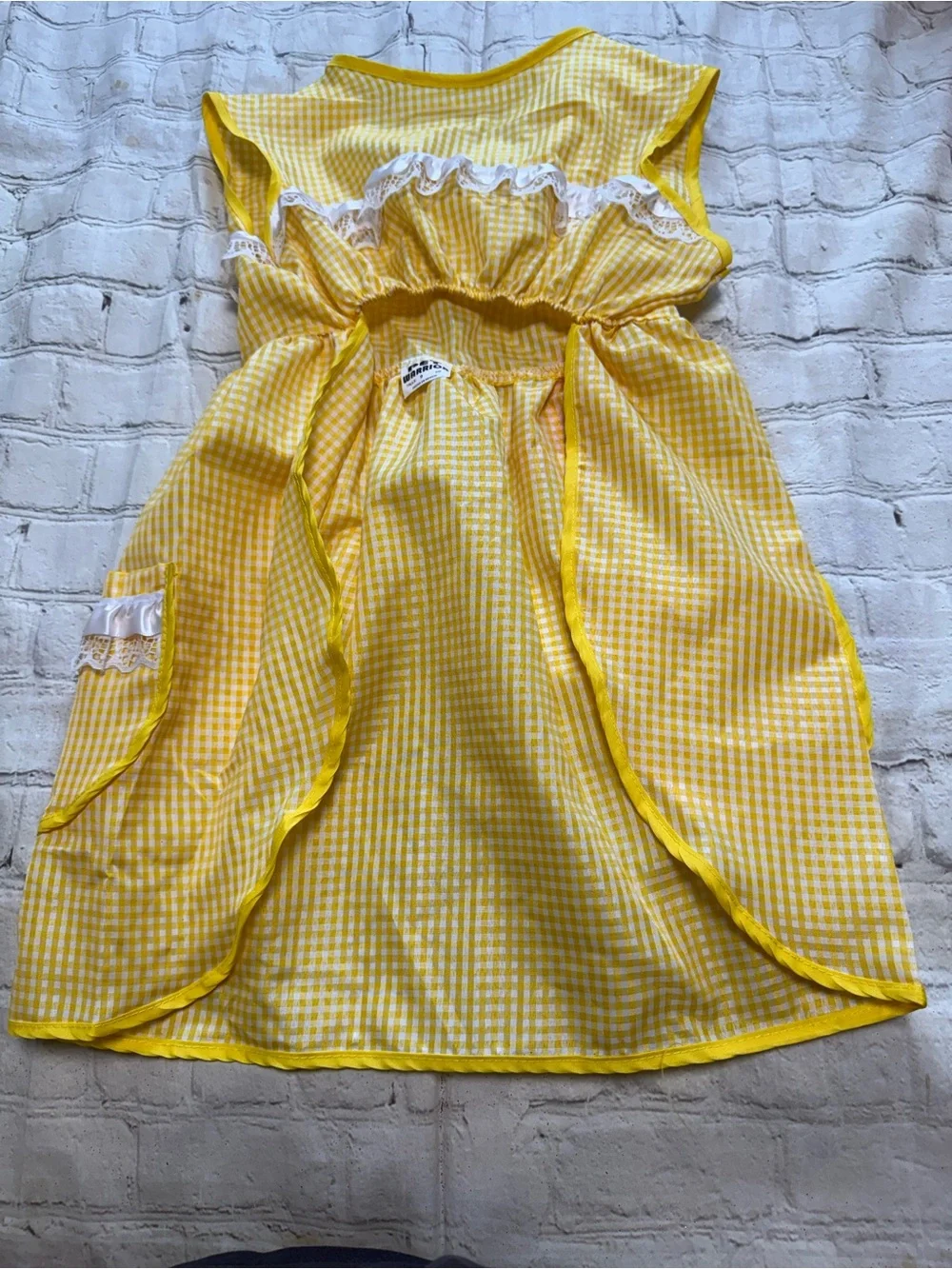Pet Warrior Dog yellow gingham custom dress. Halloween costume